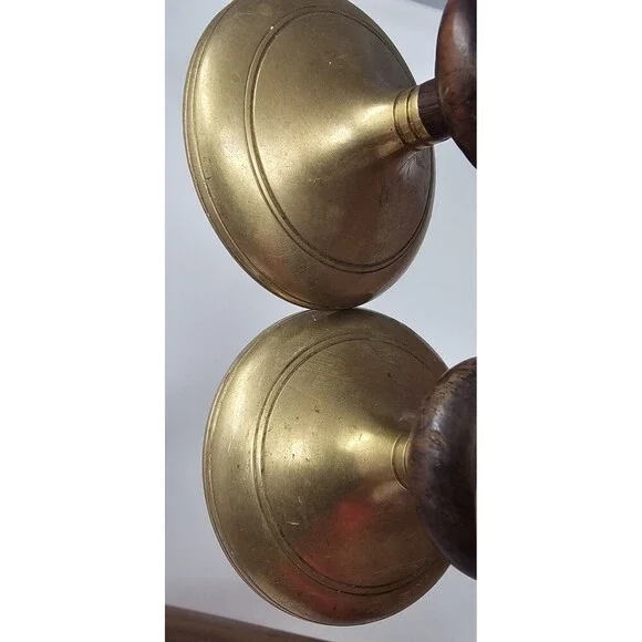 Vintage Pair of MCM Teak Wood & Brass Candle Stick Holders Tapered 3.5" - Picture 3 of 12